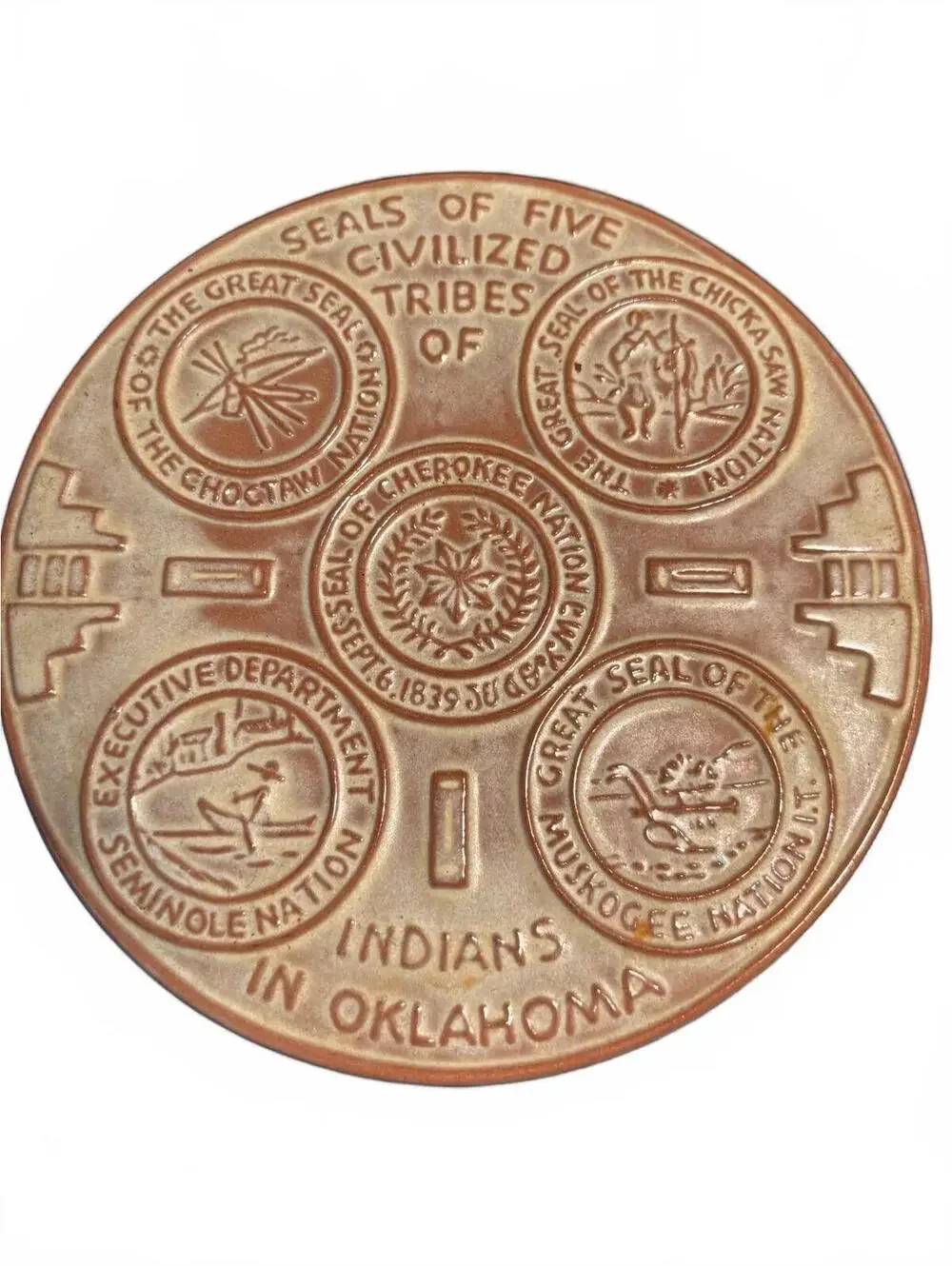 Frankoma Pottery Plate Featuring Seals of Five Civilized Tr.
